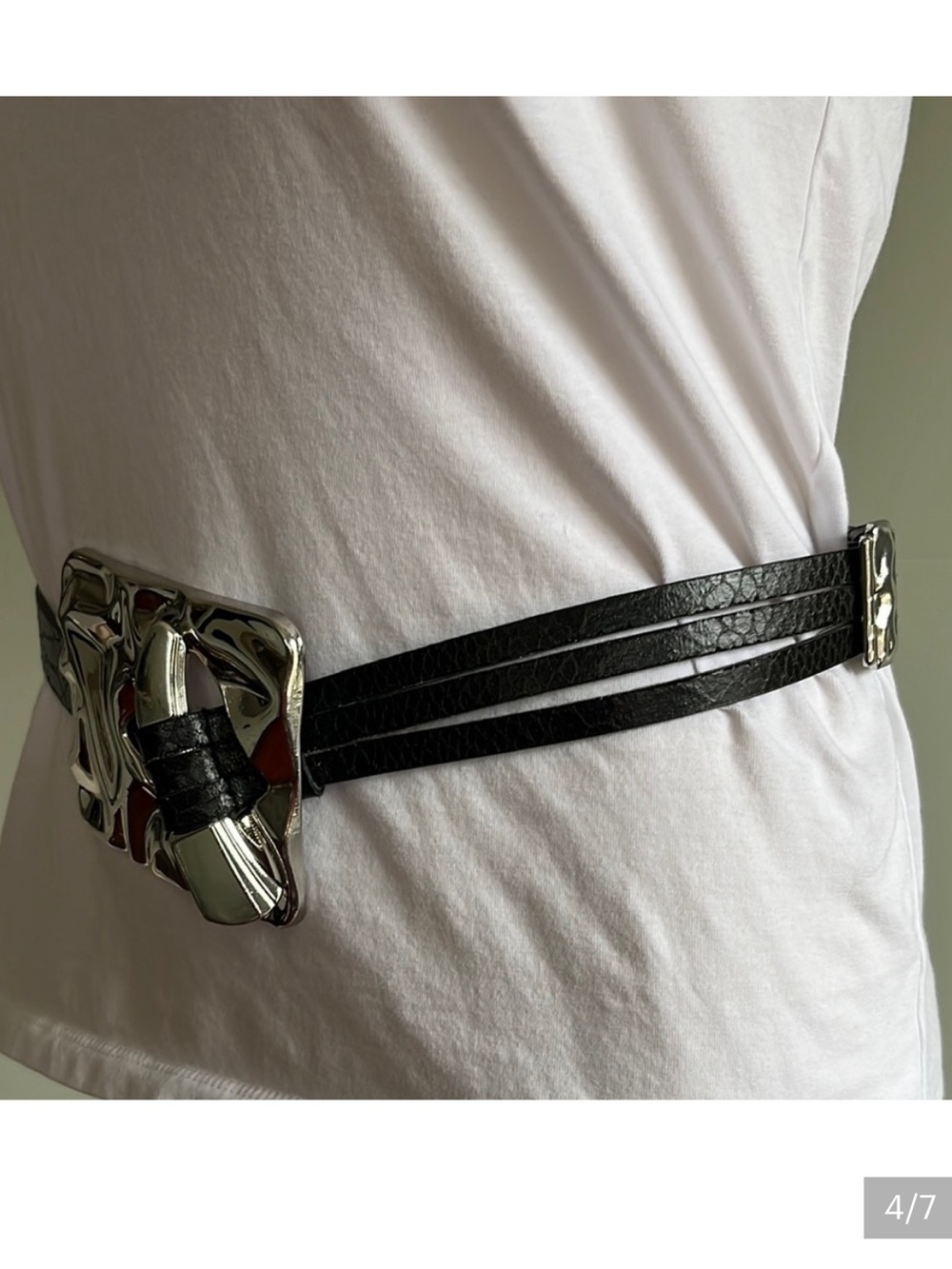 Black Leather Belt with Silver Textured Buckle - Picture 7 of 9